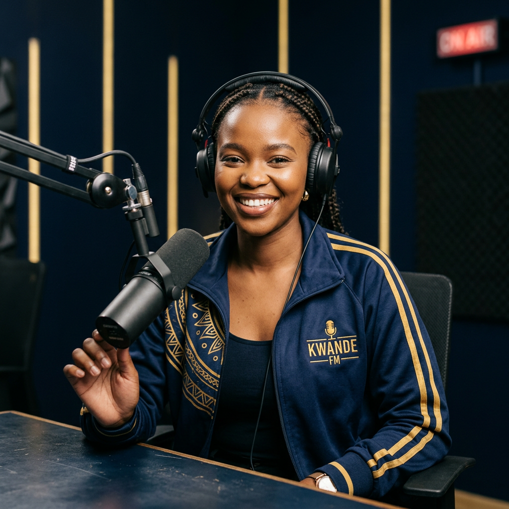 Radio 7441 FM presenter wearing headphones